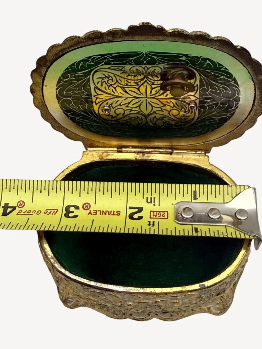 VTG Mele Musical Trinket Jewelry Box Sankyo Gold Filigree Green Velvet  Japan - Picture 7 of 10